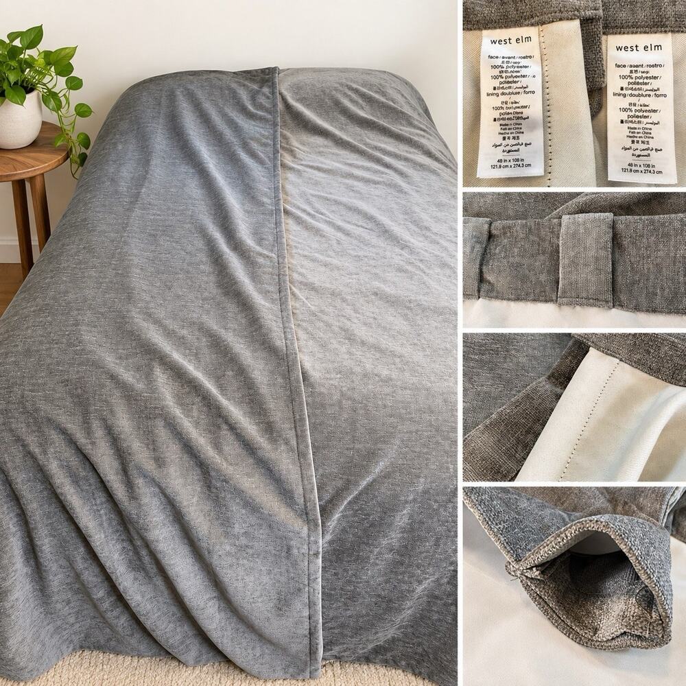 2 West Elm Velvet Blackout Curtain Panels Drapes 48" wide x 108” Long Gray